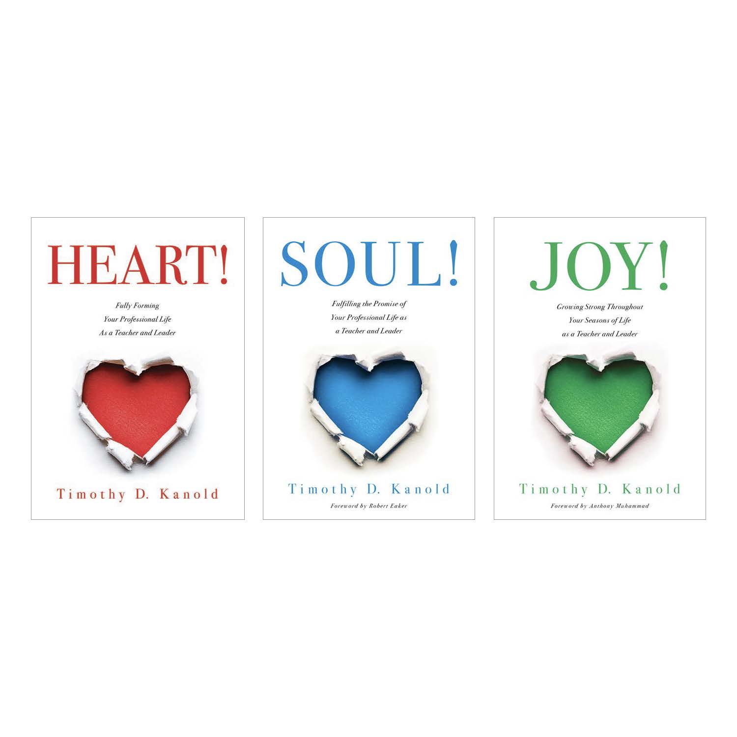 The three PLC book covers by Timothy D. Kanold side by side — HEART! in red, SOUL! in blue, and JOY! in green — each showing a torn-paper heart in its own colour.
